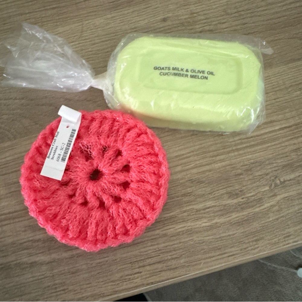 Pink Scrubber and cucumber melon goats milk soap from Loris in Branson MO